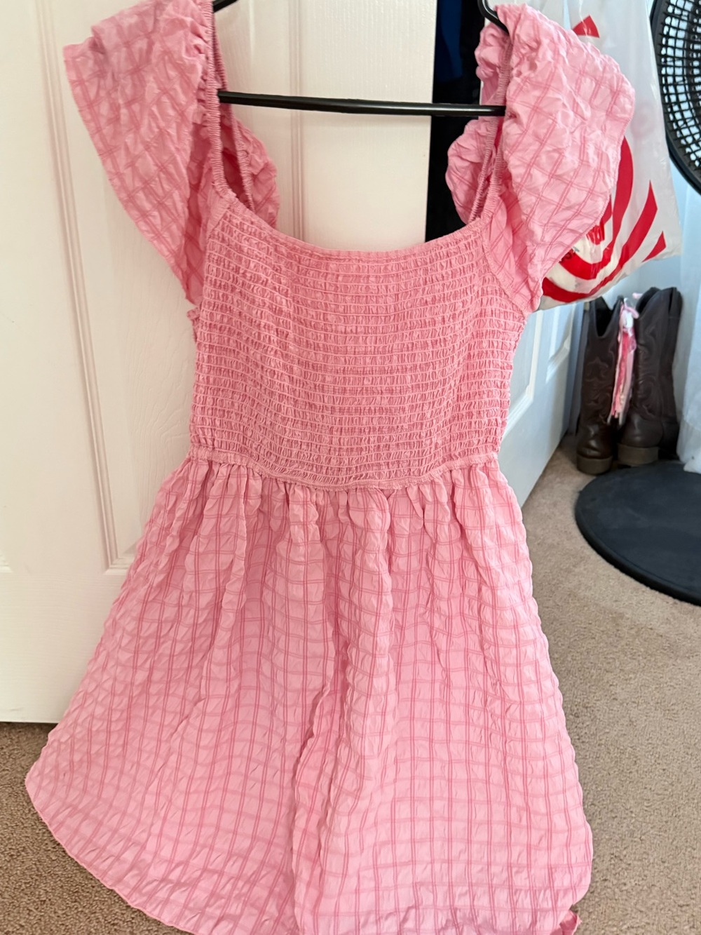 Pink Smocked Puff Sleeve Mini Dress